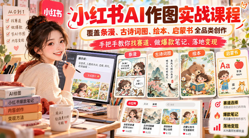 小红书AI作图实战课程，覆盖条漫、古诗词图、绘本、启蒙书全品类创作，手把手教你找赛道、做爆款笔记、落地变现(更新1009)-网创之家