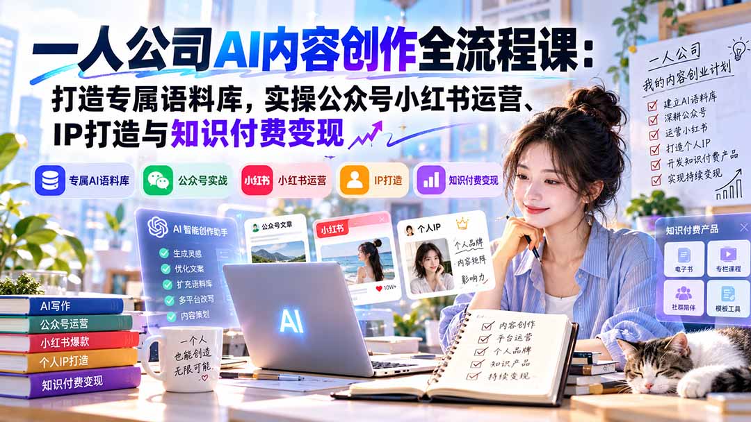 一人公司AI内容创作全流程课：打造专属语料库，实操公众号小红书运营、IP打造与知识付费变现方法论-网创之家