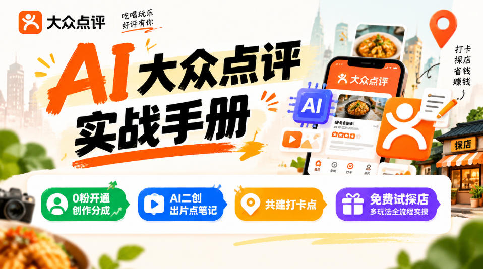某局的AI大众点评实战手册，0粉开通创作分成、AI二创出片点笔记、共建打卡点、免费试探店多玩法全流程实操-网创之家