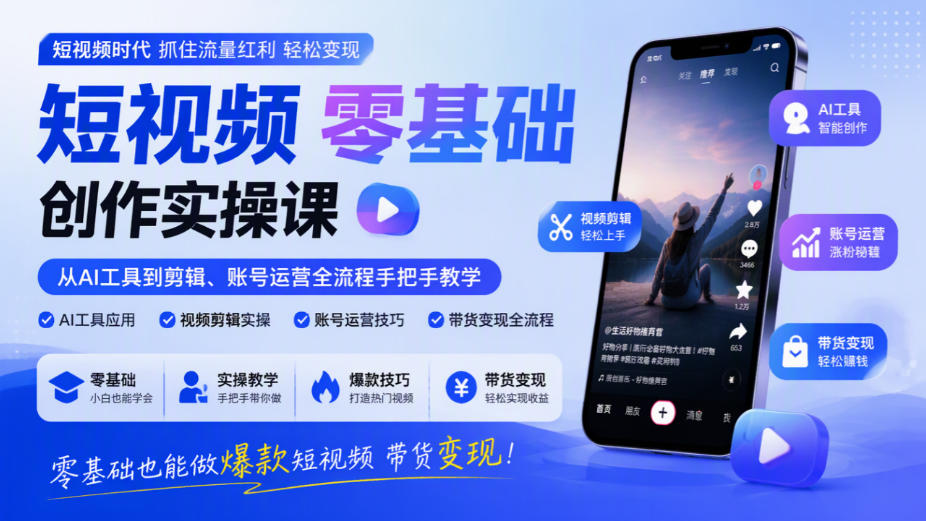 短视频零基础创作实操课，从AI工具到剪辑、账号运营全流程手把手教学，零基础也能做爆款短视频带货变现-网创之家