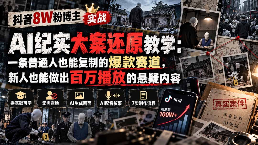 抖音8W粉博主AI纪实大案还原教学：一条普通人也能复制的爆款赛道，新人也能做出百万播放的悬疑内容-网创之家