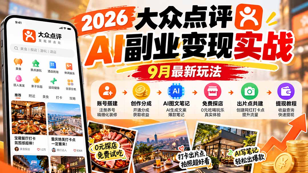 2026大众点评AI副业变现实战9月最新玩法：账号搭建+创作分成+AI图文笔记+免费探店+出片点共建与提现教程-网创之家