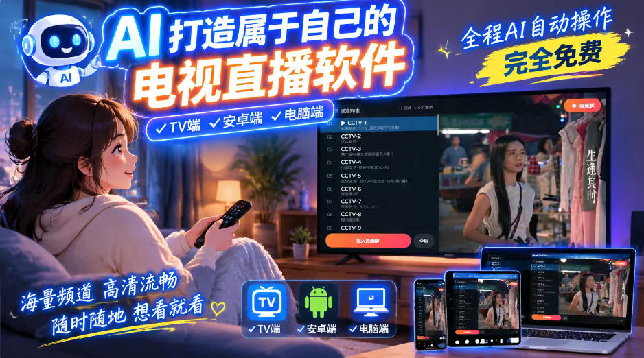 一个提示词，AI全自动做出电视直播软件，电脑、安卓、电视三端通用，完全免费，画质流畅不卡顿-网创之家