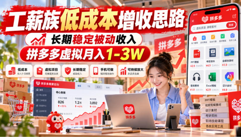 工薪族低成本增收思路，长期稳定被动收入，拼多多虚拟月入1-3W-网创之家