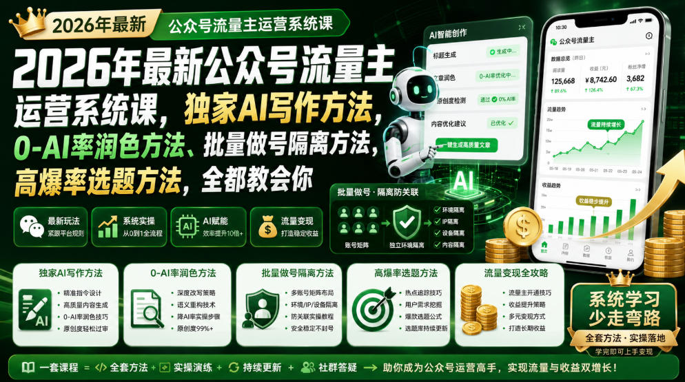 2026年最新公众号流量主运营系统课，独家AI写作方法，0-AI率润色方法、批量做号隔离方法、高爆率选题方法，全都教会你(更新1009)-网创之家