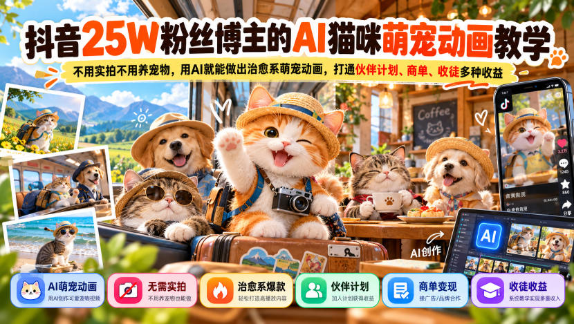 抖音25W粉丝博主的AI猫咪萌宠动画教学，不用实拍不用养宠物，用AI就能做出治愈系萌宠动画，打通伙伴计划、商单、收徒多种收益-网创之家