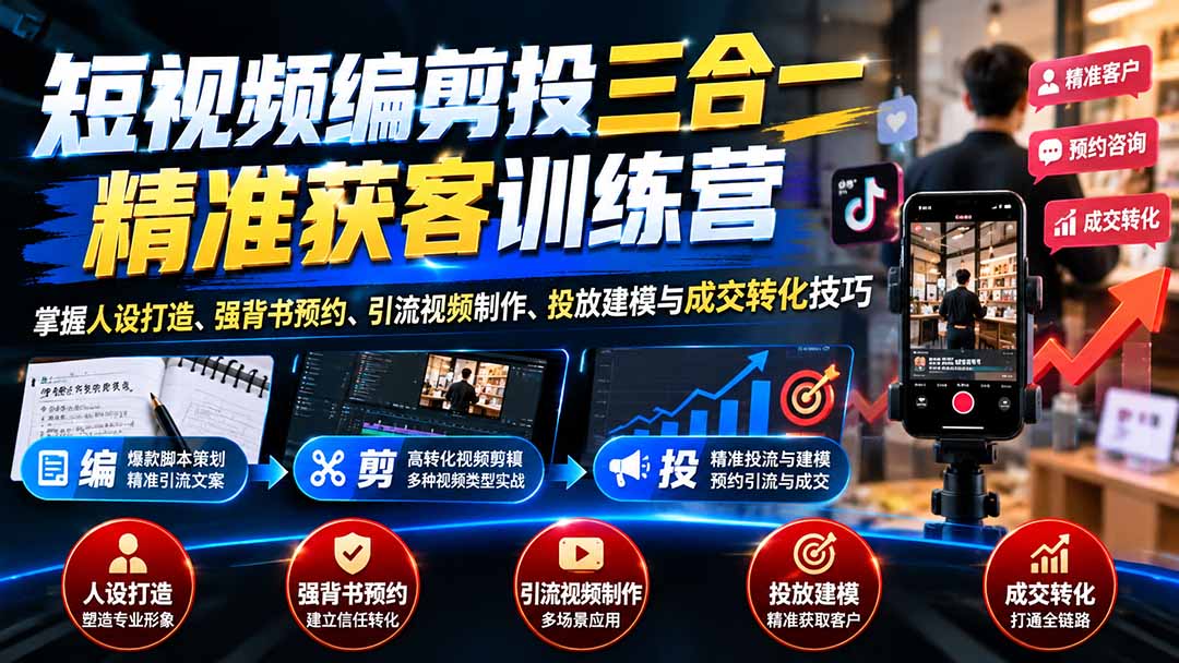 短视频编剪投三合一精准获客训练营：掌握人设打造、强背书预约、引流视频制作、投放建模与成交转化技巧-网创之家