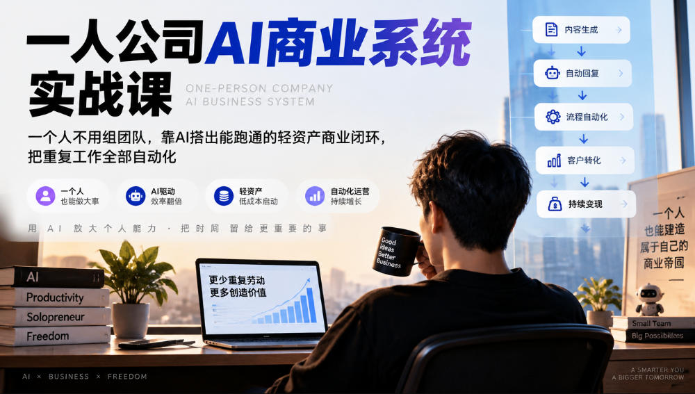 一人公司AI商业系统实战课，一个人不用组团队，靠AI搭出能跑通的轻资产商业闭环，把重复工作全部自动化-网创之家