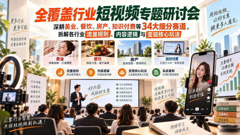 短视频专题研讨会，深耕美业、餐饮、房产、知识付费等34大细分赛道，拆解各行业流量规则、内容逻辑与变现核心玩法(更新1011)-网创之家