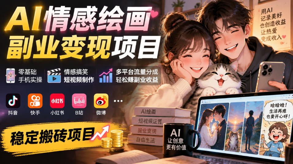 AI情感绘画副业变现项目｜零基础手机实操，情感搞笑短视频制作，多平台流量分成轻松賺副业收益-网创之家