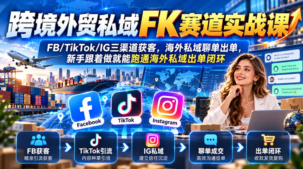 跨境外贸私域FK赛道实战课｜FB/TikTok/IG三渠道获客，海外私域聊单出单，新手跟着做就能跑通海外私域出单闭环-网创之家