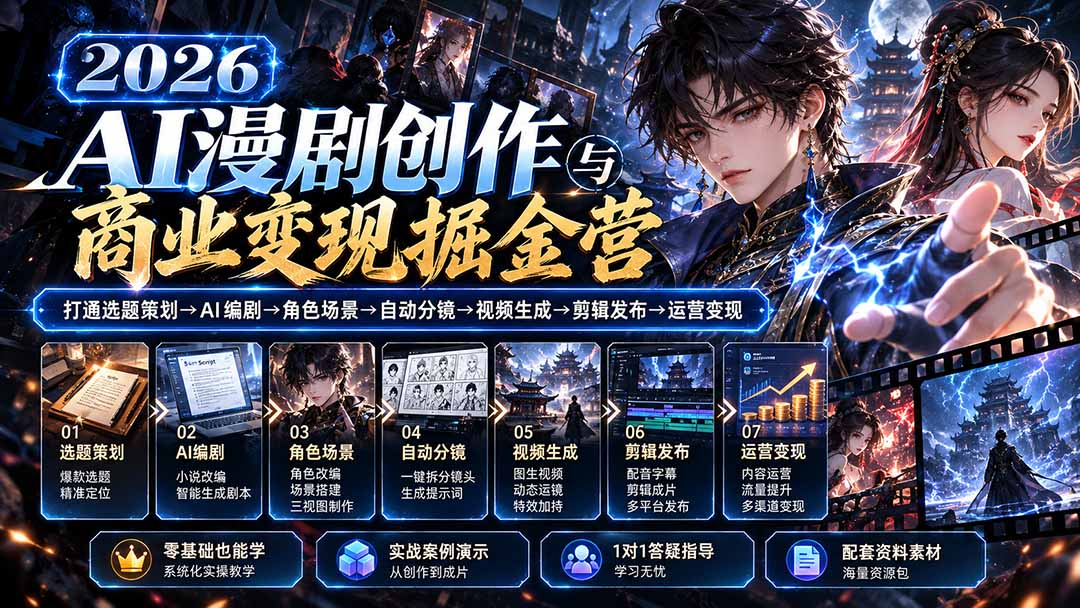 【无水印】2026AI漫剧创作与商业变现掘金营：打通选题→AI编剧→角色场景→自动分镜→视频生成→剪辑发布→运营变现-网创之家