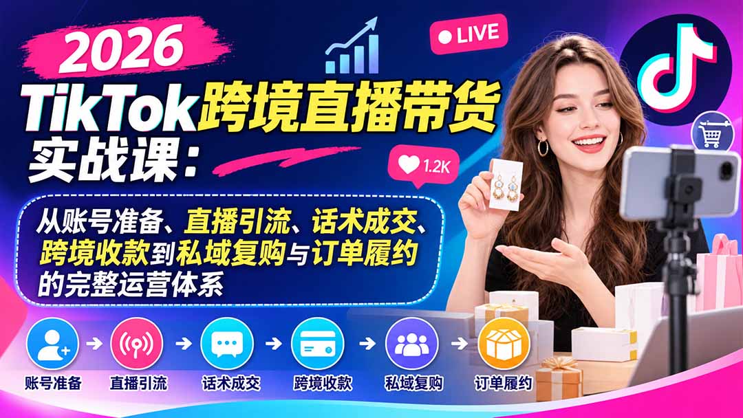 2026TikTok跨境直播带货实战课：从账号准备、直播引流、话术成交、跨境收款到私域复购与订单履约的完整运营体系-网创之家