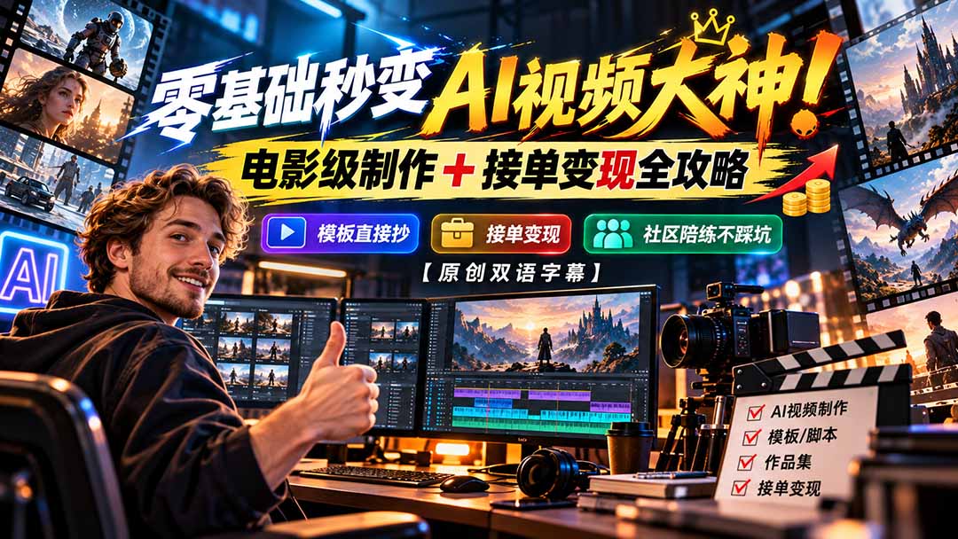 零基础秒变AI视频大神！电影级制作 + 接单变现全攻略，模板直接抄，社区陪练不踩坑【原创双语字幕】-网创之家