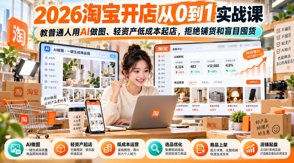2026淘宝开店从0到1实战课，教普通人用AI做图、轻资产低成本起店，拒绝铺货和盲目囤货-网创之家