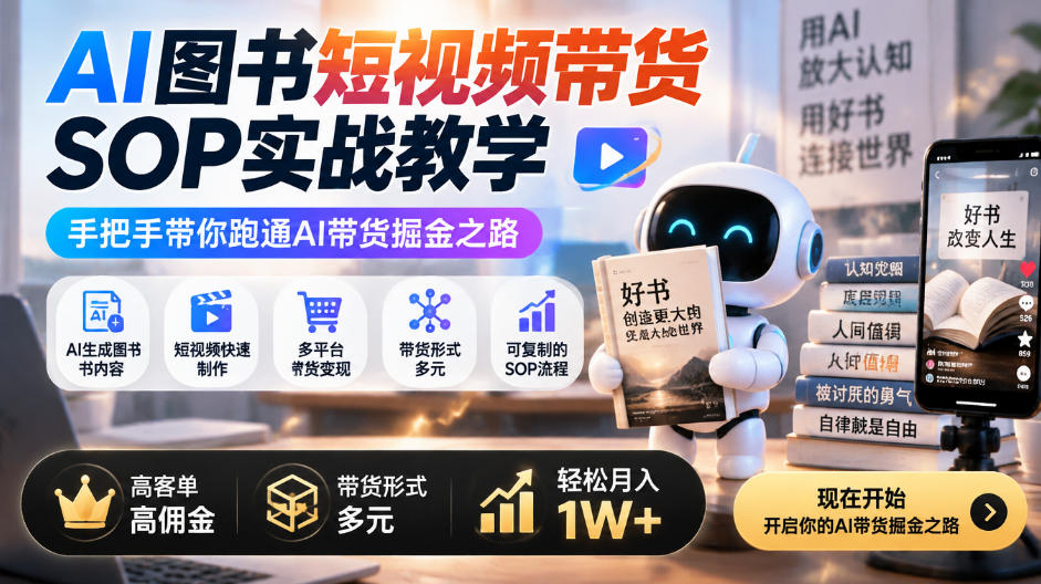 AI图书短视频带货SOP实战教学，手把手带你跑通AI带货掘金之路，高客单高佣金，带货形式多元，轻松月入1W+-网创之家