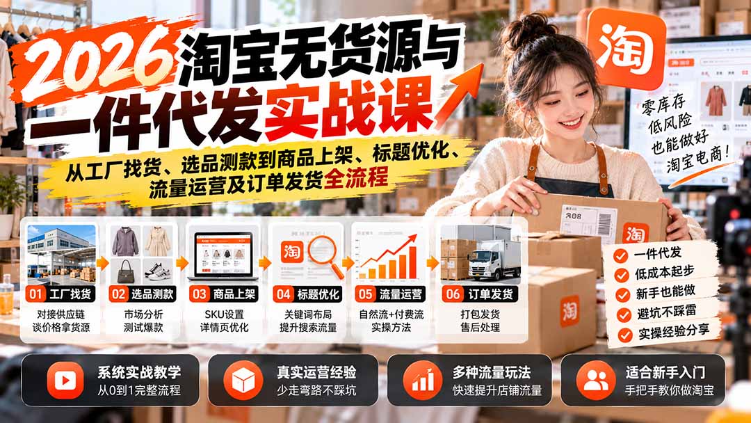 2026淘宝无货源与一件代发实战课：从工厂找货、选品测款到商品上架、标题优化、流量运营及订单发货全流程-网创之家
