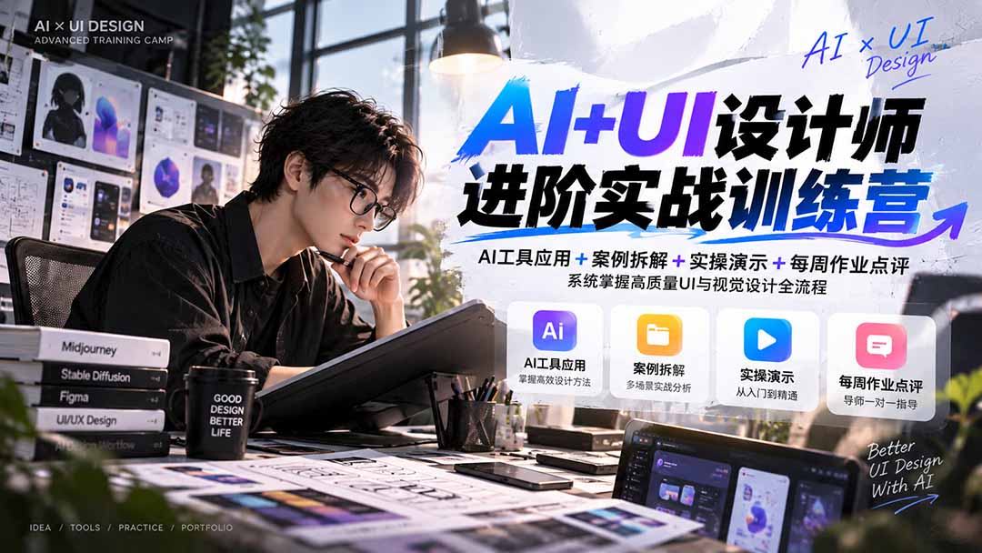 【无水印】AI+UI设计师进阶训练营-第4期：AI工具应用+案例拆解+实操演示+作业点评，掌握高质量UI与视觉设计全流程-网创之家