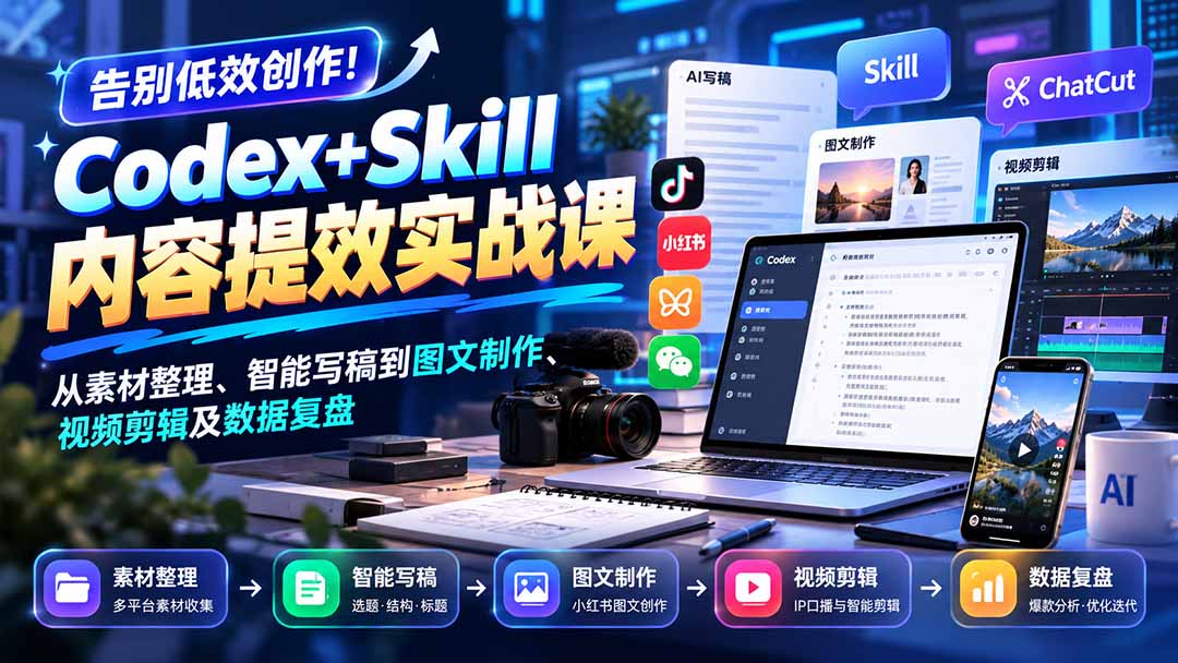 【无水印】告别低效创作！Codex+Skill内容提效实战课：从素材整理、智能写稿到图文制作、视频剪辑及数据复盘-网创之家