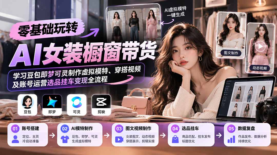 【无水印】零基础玩转AI女装橱窗带货：学习豆包即梦可灵制作虚拟模特、穿搭视频及账号运营选品挂车变现全流程-网创之家