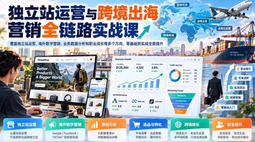 独立站运营与跨境出海营销全链路实战课，覆盖独立站运营、海外数字营销、业务数据分析和职业成长等多个方向，零基础到实战全面提升-网创之家