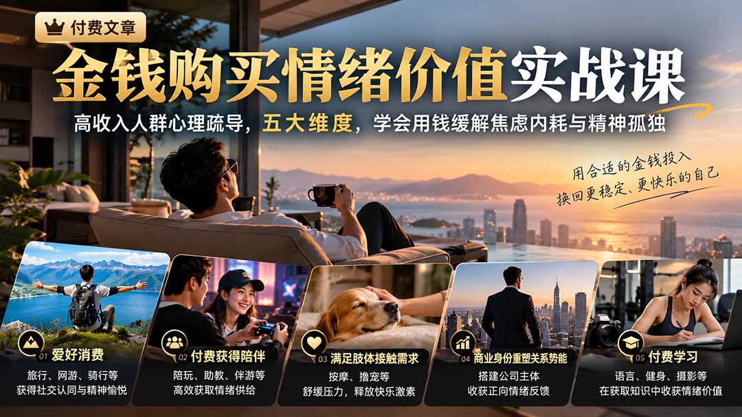 付费文章：金钱购买情绪价值实战课｜高收入人群心理疏导，五大维度，学会用钱缓解焦虑内耗与精神孤独-网创之家