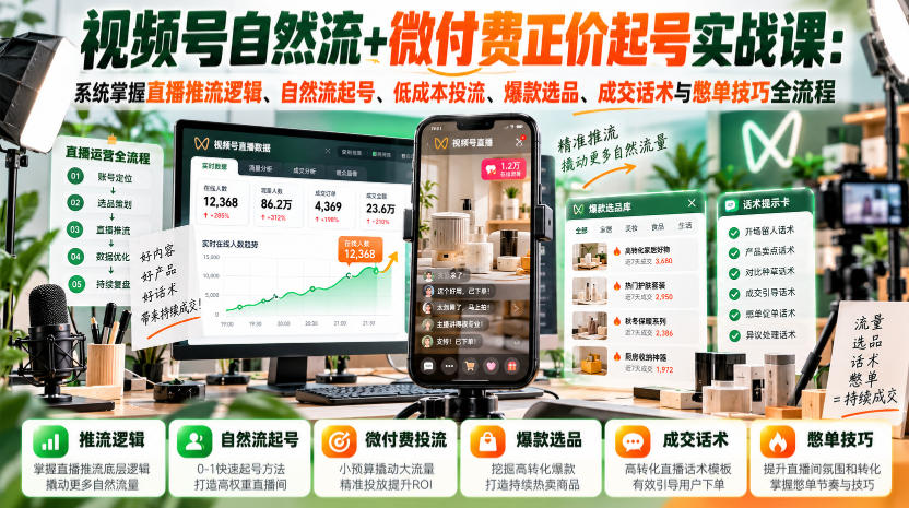 视频号自然流+微付费正价起号实战课：系统掌握直播推流逻辑、自然流起号、低成本投流、爆款选品、成交话术与憋单技巧全流程-网创之家