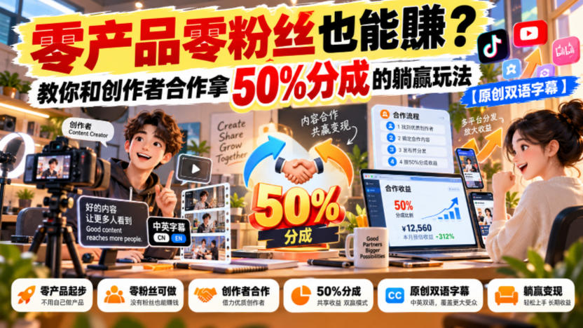 【无水印】零产品零粉丝也能賺？教你和创作者合作拿50%分成的躺赢玩法【原创双语字幕】-网创之家