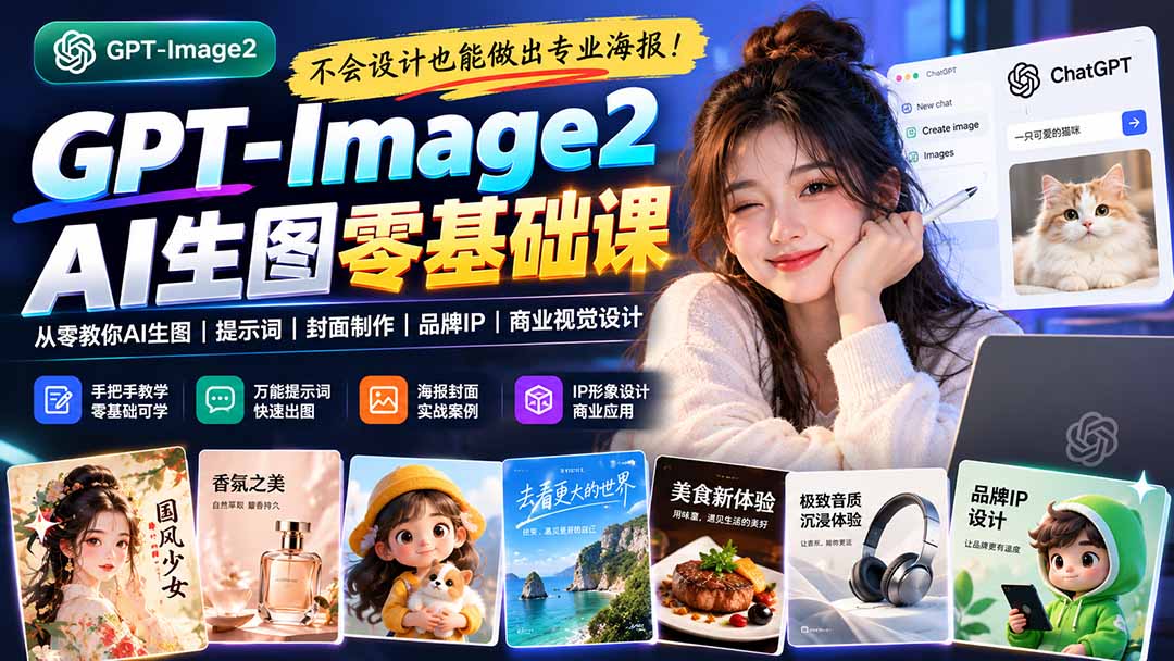 不会设计也能做出专业海报！GPT-Image2从零教你AI生图、提示词、封面制作、品牌IP与商业视觉设计-网创之家