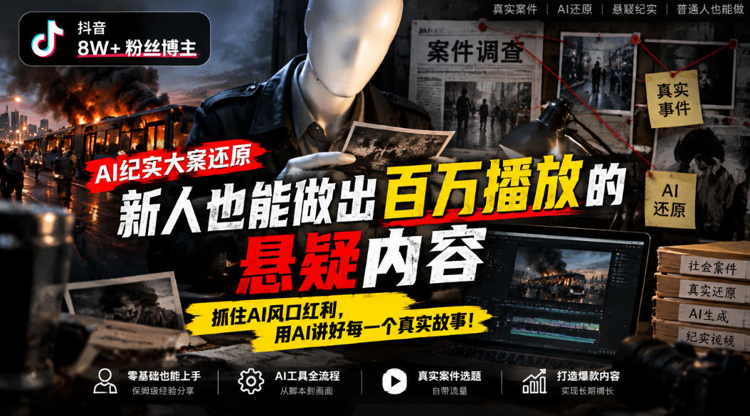 抖音8W粉丝博主的AI纪实大案还原教学，新人也能做出百W播放的悬疑内容，抓住AI风口红利，用AI讲好每一个真实故事(更新1014)-网创之家