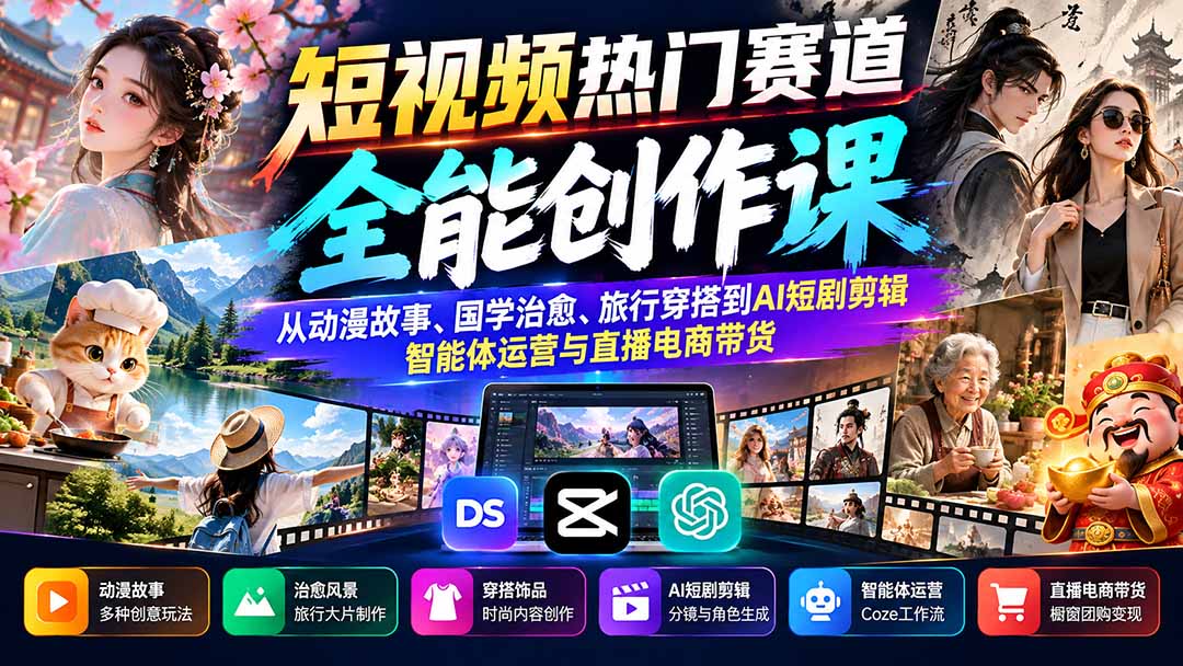短视频热门赛道全能创作课：从动漫故事、国学治愈、旅行穿搭到AI短剧剪辑、智能体运营与直播电商带货-网创之家