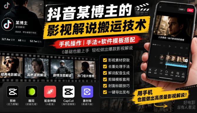 抖音某博主的影视解说搬运技术，手机操作，手法+软件模板搭配-网创之家
