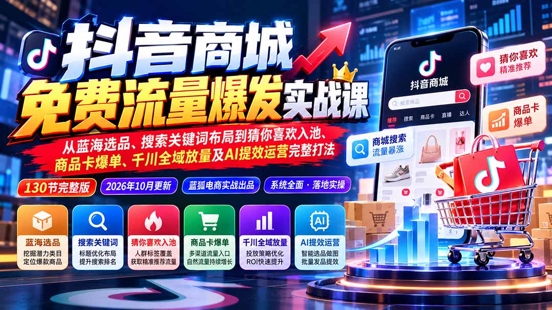 抖音商城免费流量爆发实战：从蓝海选品、搜索关键词布局到猜你喜欢入池、商品卡爆单、千川全域放量及AI提效完整打法-网创之家