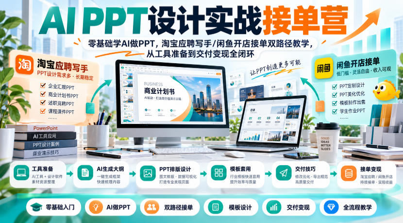 AI PPT设计实战接单营｜零基础学AI做PPT，淘宝应聘写手/闲鱼开店接单双路径教学，从工具准备到交付变现全闭环-网创之家