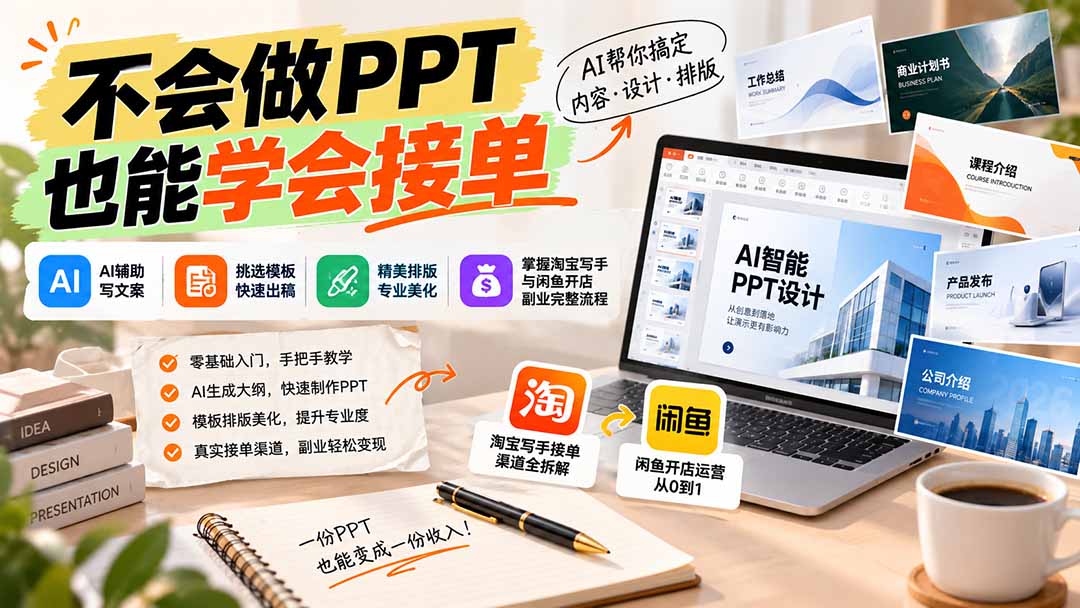 不会做PPT也能学会接单：AI辅助写文案、挑模板、做排版，掌握淘宝写手与闲鱼开店副业完整流程-网创之家