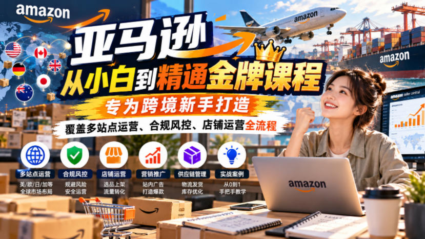 亚马逊从小白到精通金牌课程，专为跨境新手打造，覆盖多站点运营、合规风控、店铺运营全流程-网创之家