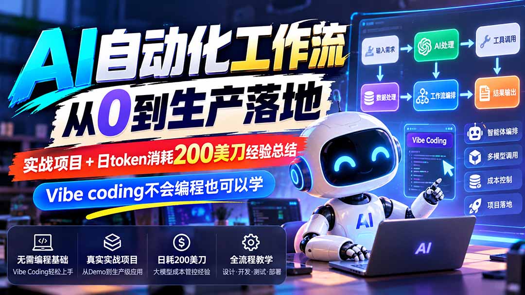 【无水印】AI自动化工作流从0到生产落地，实战项目+日token消耗200美刀经验总结，Vibe coding不会编程也可以学-网创之家