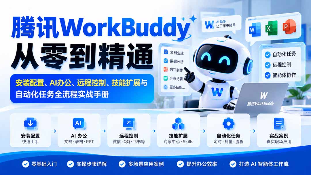 腾讯WorkBuddy从零到精通：安装配置、AI办公、远程控制、技能扩展与自动化任务全流程实战手册-网创之家