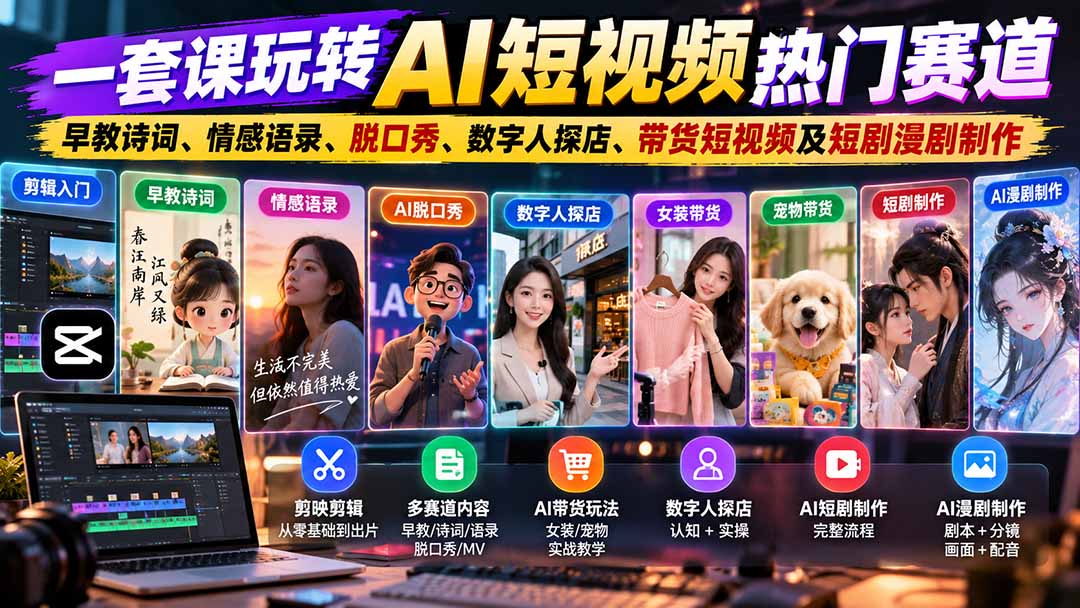 一套课玩转AI短视频热门赛道：早教诗词、情感语录、脱口秀、数字人探店、带货短视频及短剧漫剧制作  复制标题-网创之家