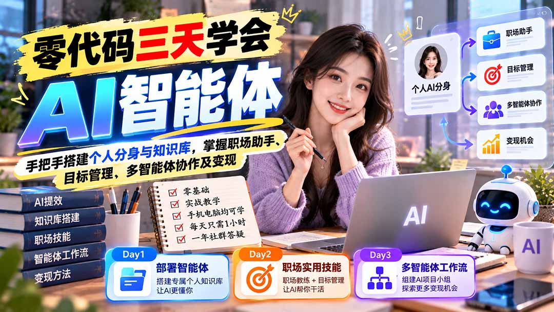 【无水印】零代码三天学会AI智能体：手把手搭建个人分身与知识库，掌握职场助手、目标管理、多智能体协作及变现-网创之家