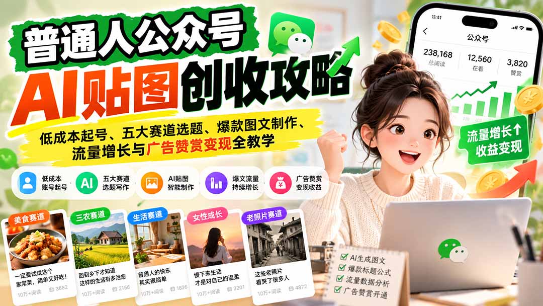 普通人公众号AI贴图创收攻略：低成本起号、五大赛道选题、爆款图文制作、流量增长与广告赞赏变现全教学-网创之家