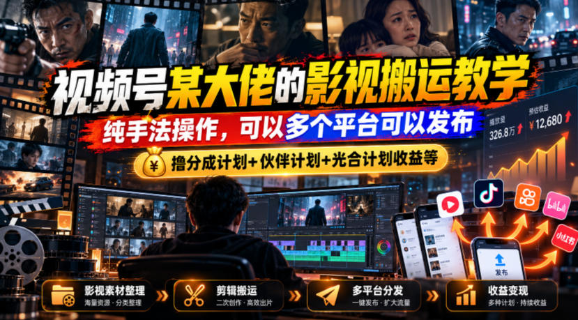 视频号某大佬的影视搬运教学，纯手法操作，可以多个平台可以发布，撸分成计划+伙伴计划+光合计划收益等-网创之家