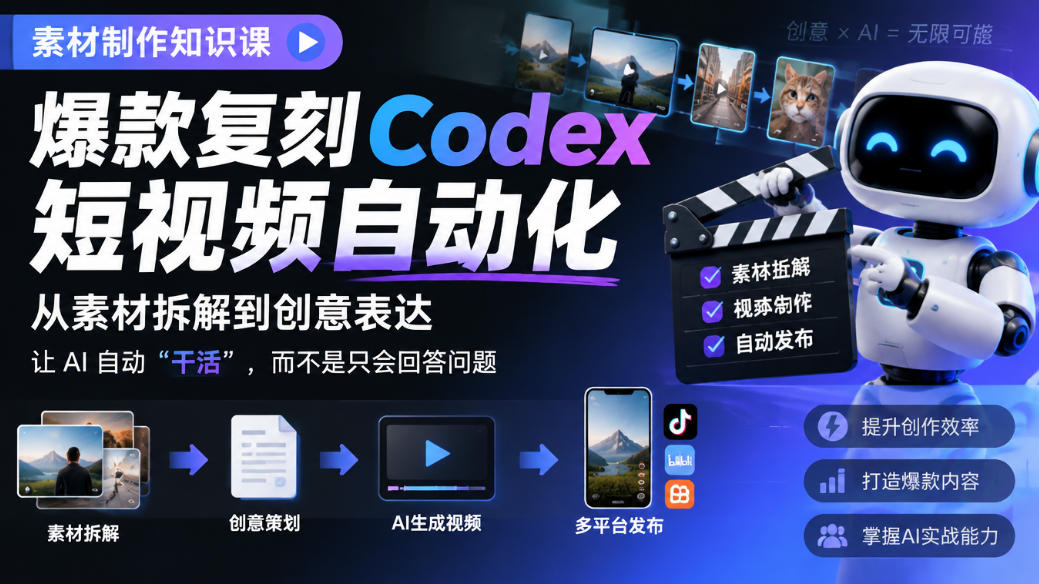 素材制作知识课，爆款复刻Codex短视频自动化，从素材拆解到创意表达，让AI自动“干活”，而不是只会回答问题-网创之家
