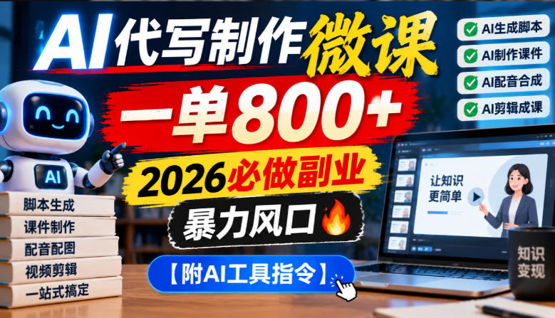 AI代写制作微课，一单800+，2026必做副业，暴力风口【附AI工具指令】【揭秘】-网创之家