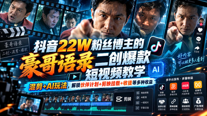 抖音22W粉丝博主的豪哥语录二创爆款短视频教学，混剪+AI玩法，解锁伙伴计划+剪映挂载+收徒等多种收益-网创之家