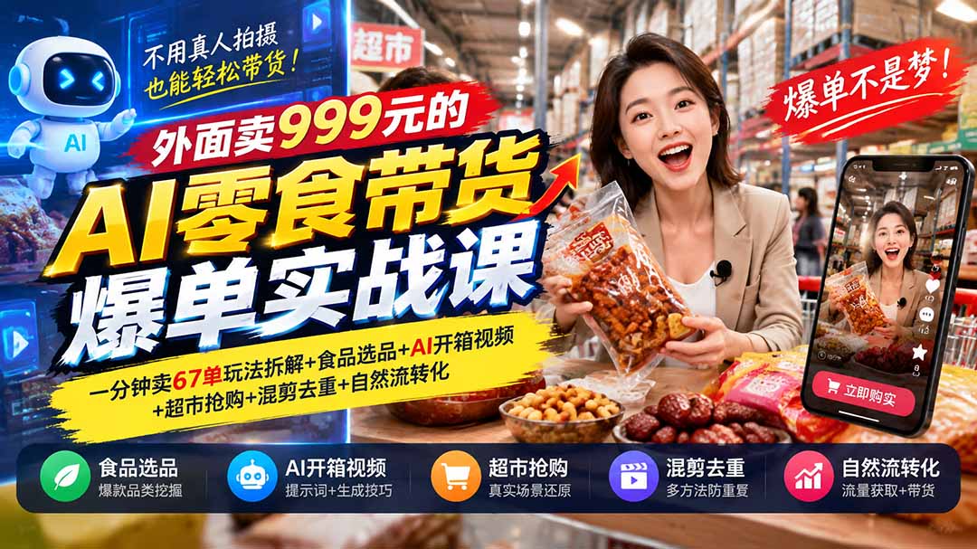 外面卖999元的AI零食带货爆单实战课｜一分钟卖67单玩法拆解+食品选品+AI开箱视频+超市抢购+混剪去重+自然流转化-网创之家