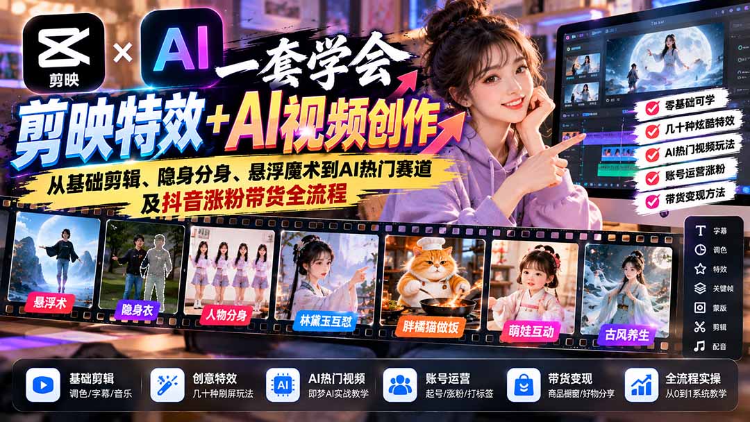 一套学会剪映特效+AI视频创作：从基础剪辑、隐身分身、悬浮魔术到AI热门赛道及抖音涨粉带货全流程-网创之家