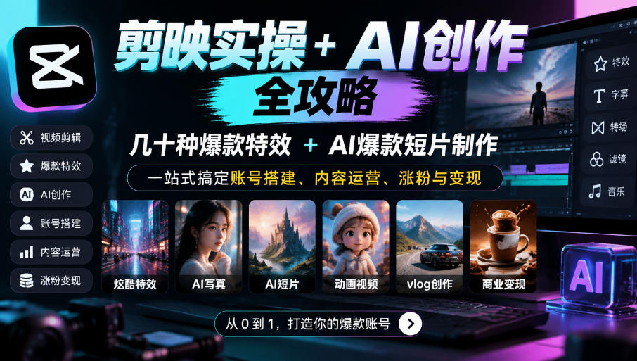 剪映实操+AI创作全攻略｜几十种爆款特效+AI爆款短片制作，一站式搞定账号搭建、内容运营、涨粉与变现-网创之家