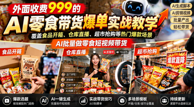 外面收费999的AI零食带货爆单实战教学，覆盖食品开箱、仓库直播、超市抢购等热门爆款场景，AI批量做零食短视频带货-网创之家
