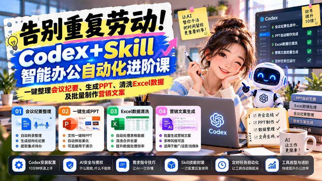 告别重复劳动！Codex+Skill智能办公自动化进阶课：一键整理会议纪要、生成PPT、清洗Excel数据及批量制作营销文案-网创之家